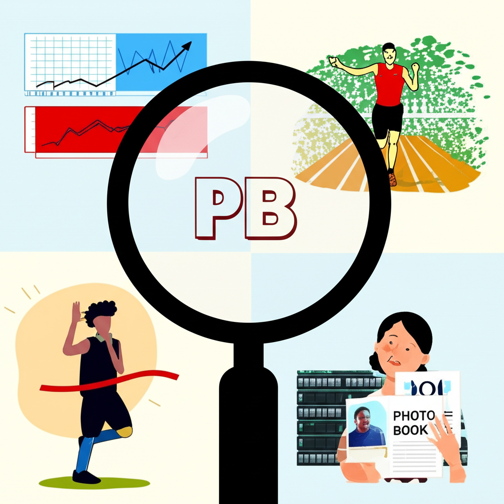 放大鏡檢視 PB 不同含義的插圖,包括股票圖表、跑者衝線、伺服器和粉絲手持寫真集