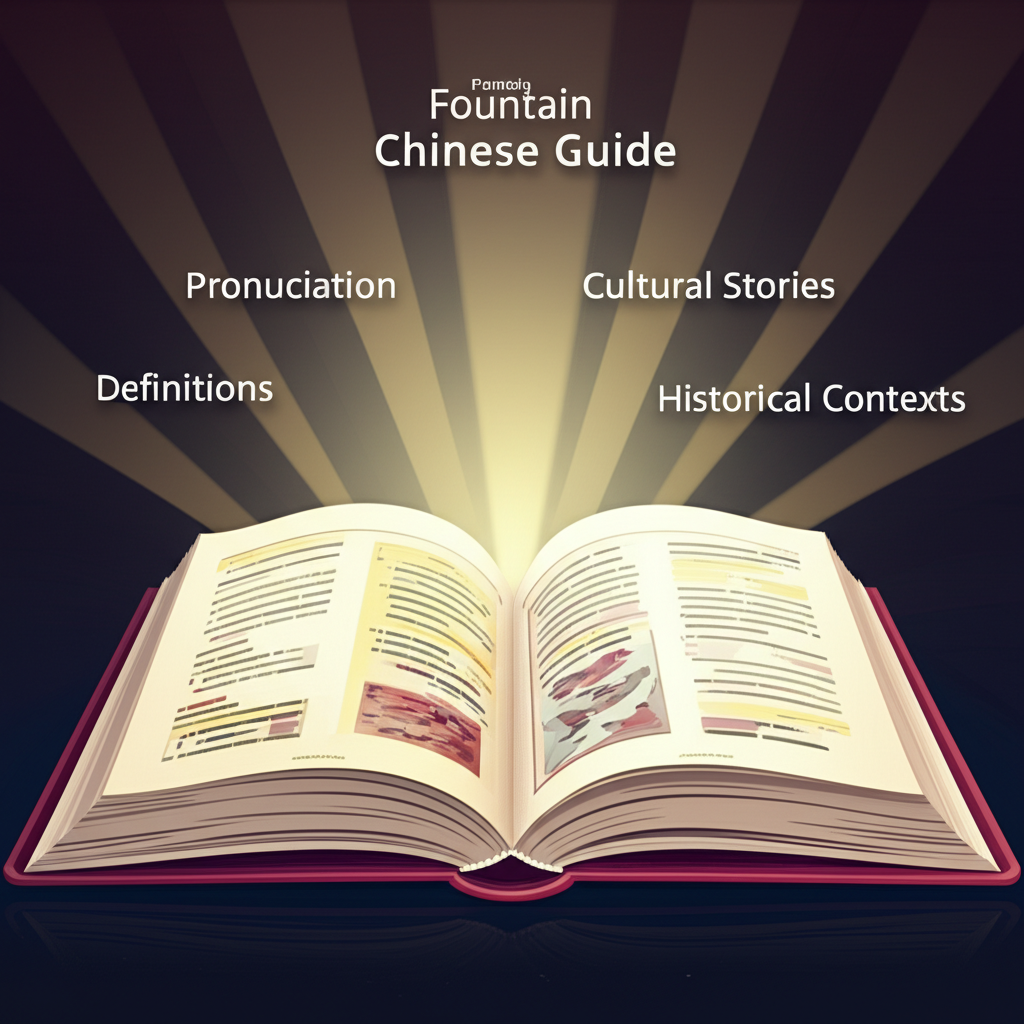 一本標示「Fountain 中文指南」的書籍打開,光芒照亮發音、定義、文化故事與歷史脈絡,為台灣與香港學習者提供語言導引