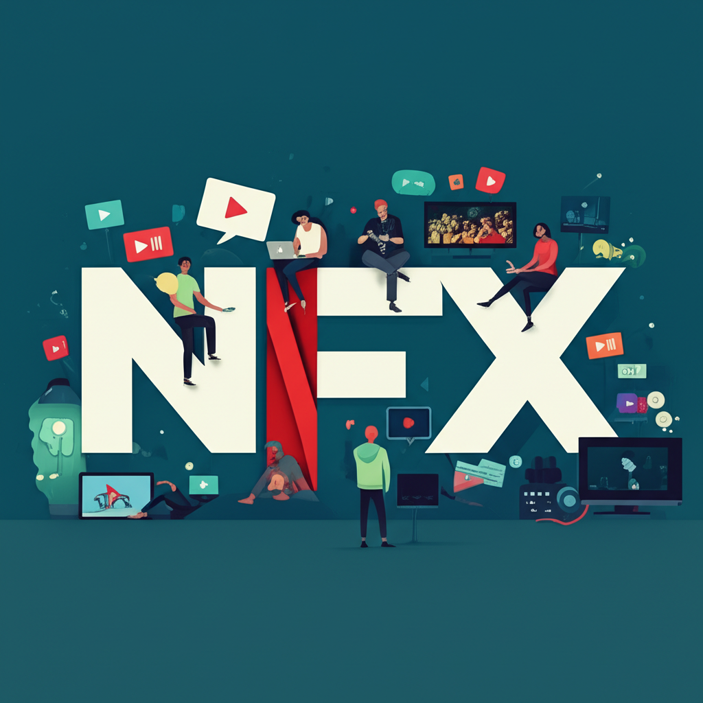 NFX標誌轉變為Netflix圖像,周圍環繞串流圖標與觀眾,代表最常見的娛樂聯想