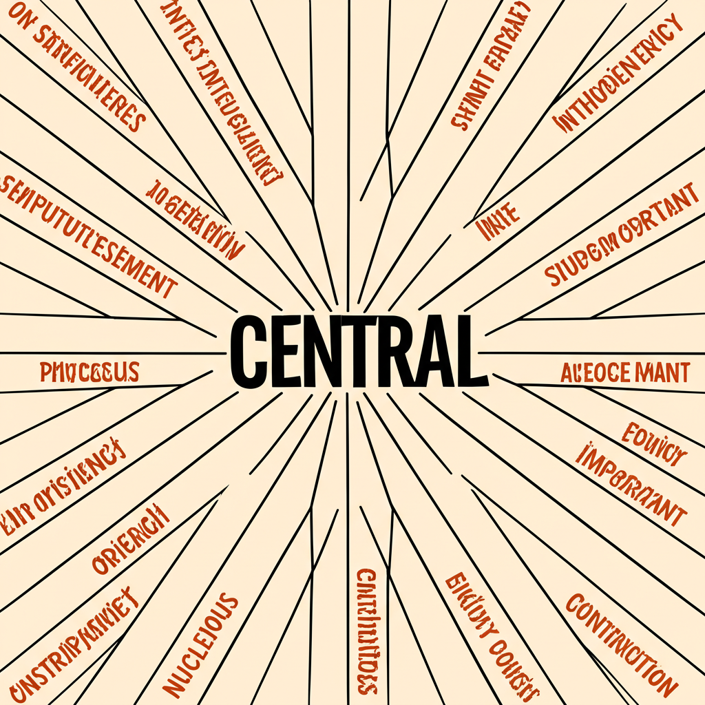 Central 作為形容詞的插圖,字母向外輻射成不同意義層次,展示概念中心點擴展到各種情境解釋