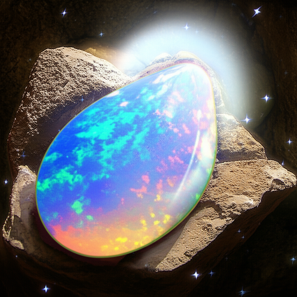 魔幻蛋白石寶石閃耀彩虹色光芒,如宇宙星塵從大地深處浮現,周圍環繞古老岩石與神秘光芒