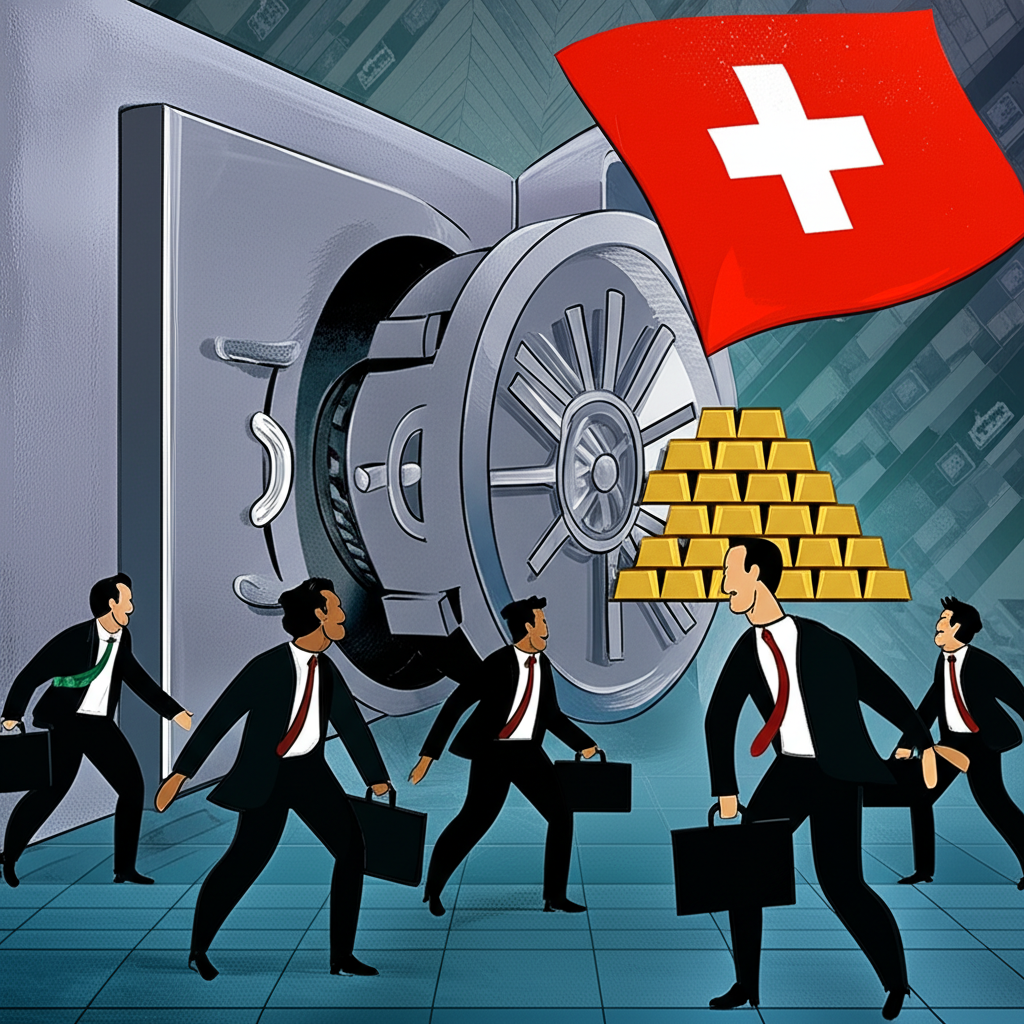 瑞士銀行金庫與投資人避險圖,象徵政治中立與經濟穩定