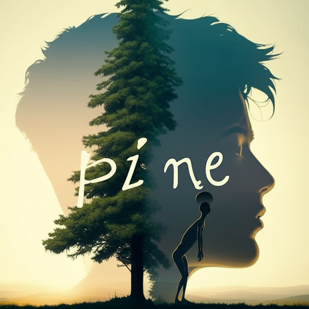 Illustration of the word pine transforming from a sturdy pine tree to a person expressing longing and frailty