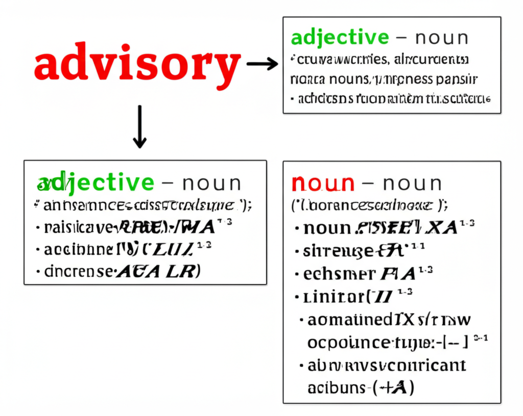 字典條目插圖,展示 advisory 的定義,分為形容詞與名詞兩大分支,箭頭標示其語法轉換與語義延伸的彈性
