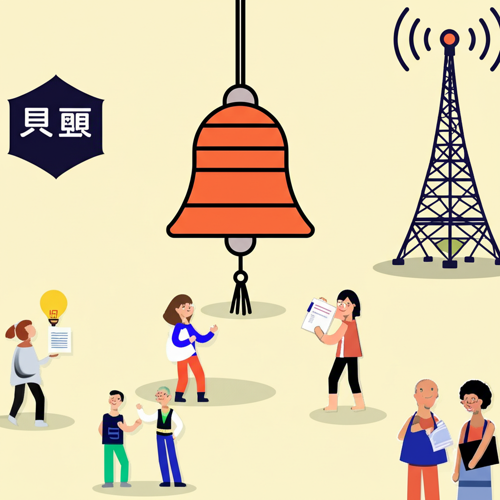Bell在中文語境中的多重意義插圖,包含鈴聲、姓氏、品牌與電信巨頭,象徵多元搜尋需求