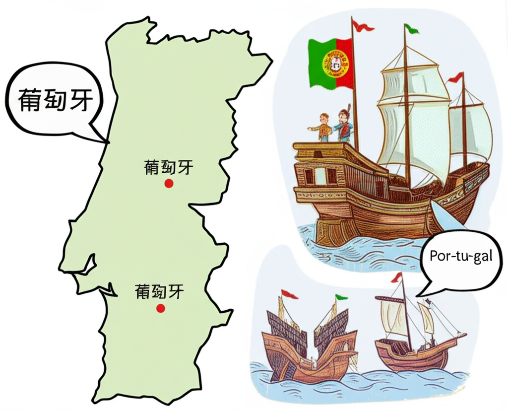 葡萄牙地圖與發音及中文翻譯的奇幻插圖,伴隨中歐探險家互動的歷史場景,代表佛郎機時代