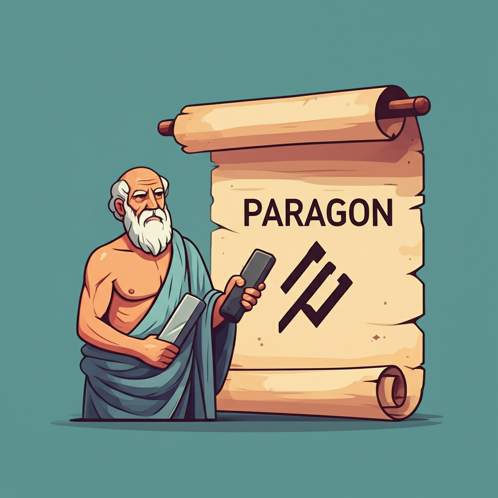一位古希臘學者手持磨刀石,旁邊捲軸上顯示 Paragon 從古詞演變成現代完美象徵,以及一位被讚揚為忠誠典範的人物