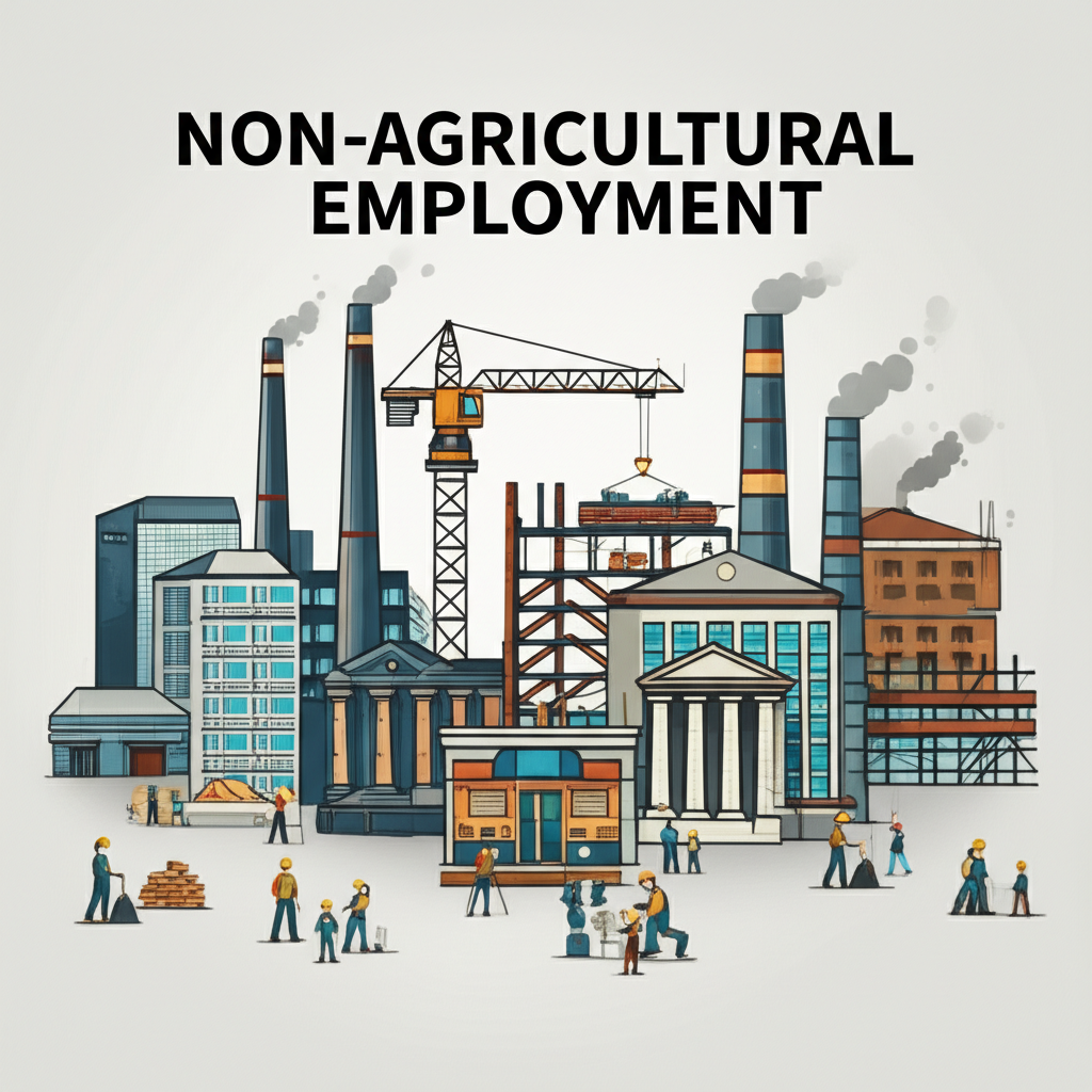 illustration of various industries like manufacturing factories service buildings construction sites retail stores and financial institutions with small figures representing workers and a clear label indicating non agricultural employment