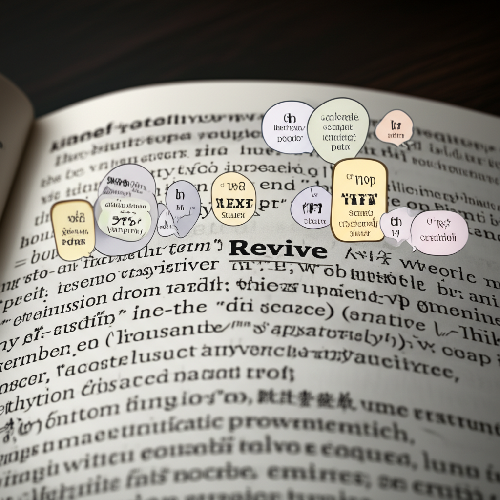 字典頁面開啟,Revive 一詞突顯,周圍環繞中文字符與語義泡泡,展示定義與翻譯