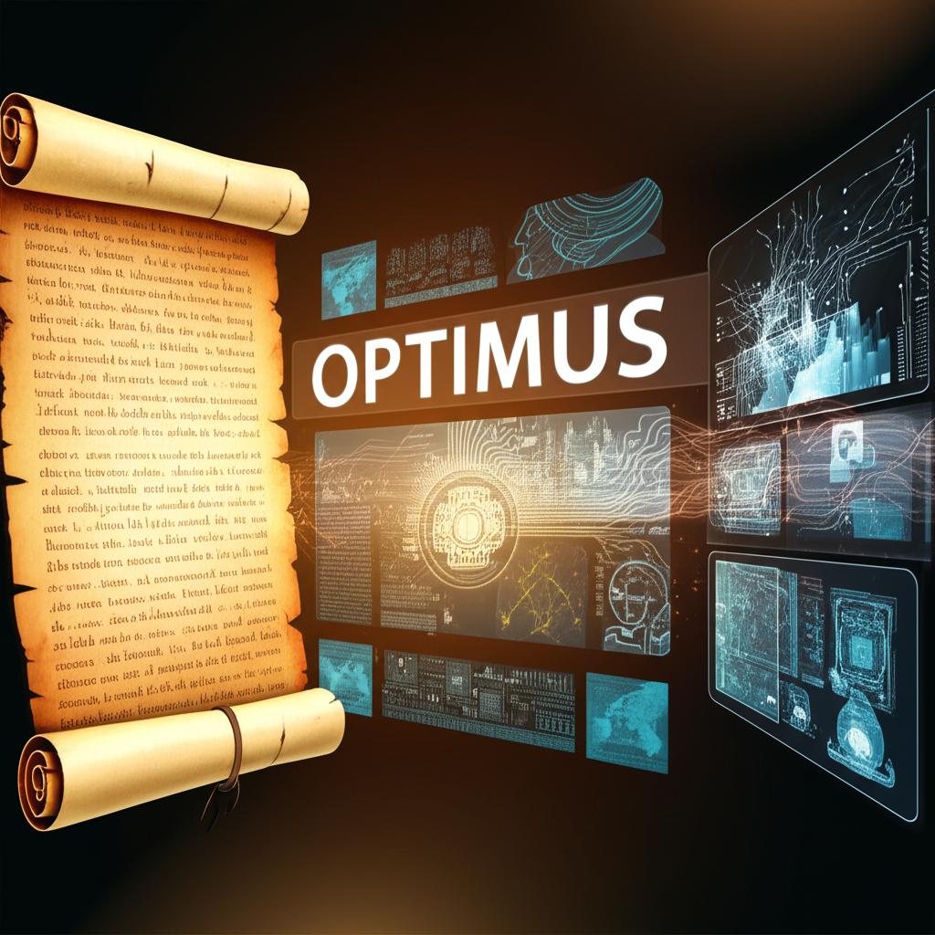 古拉丁捲軸轉化為現代數位介面的插圖,象徵Optimus詞源從古羅馬文化演變至當代優化概念