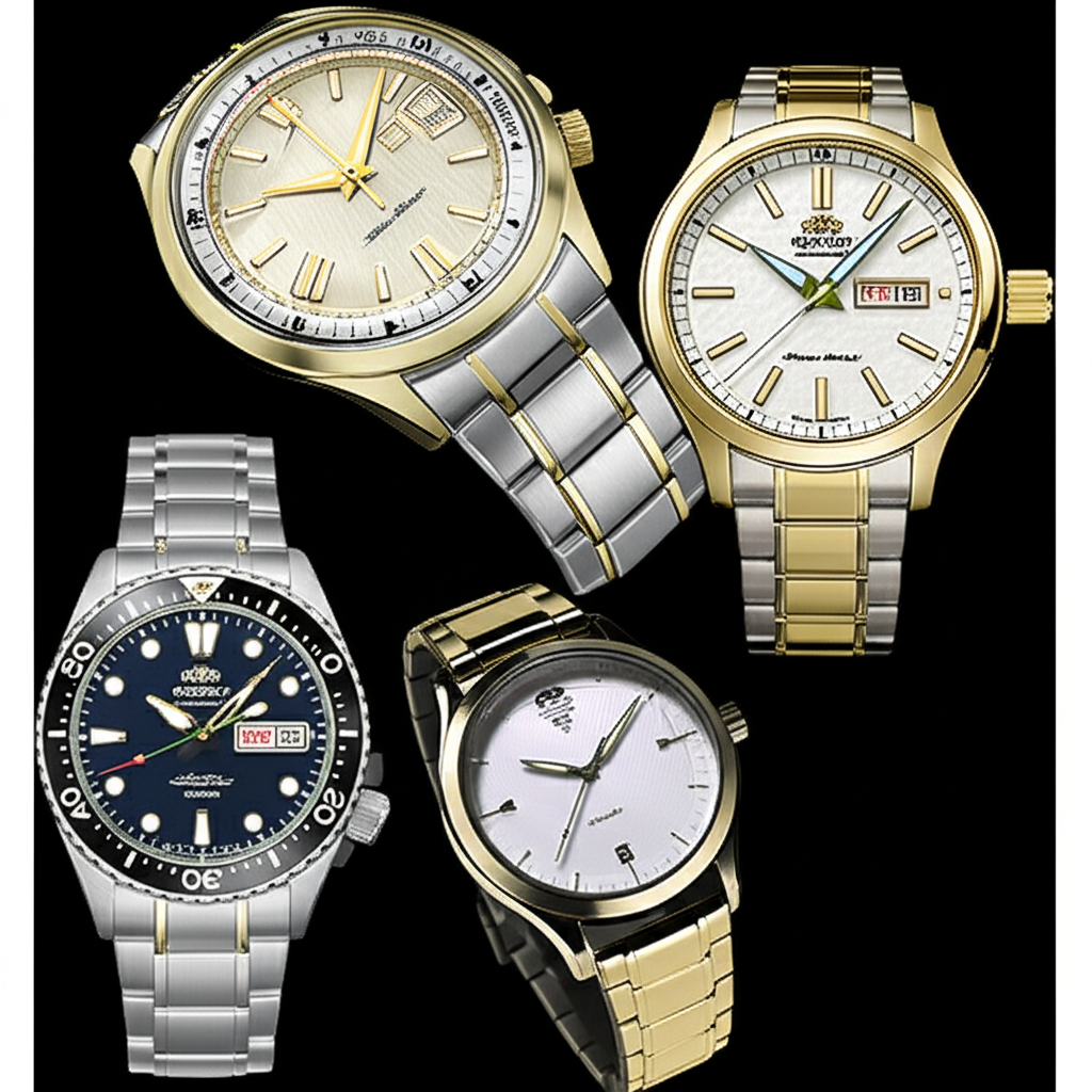 Orient手錶各系列展示插圖,包括精緻的Orient Star、堅韌的Diver、經典錶款與時尚Bambino,呈現多元設計與功能