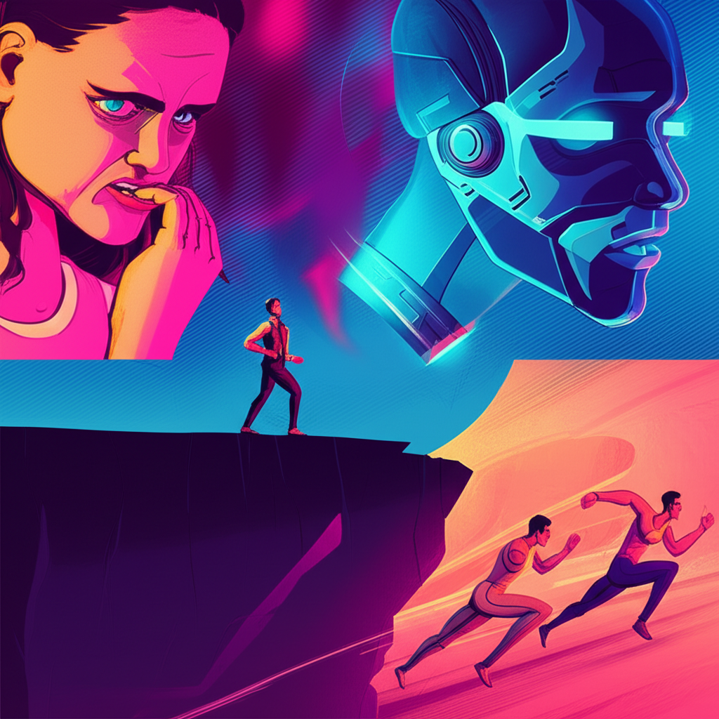 An illustration depicting three distinct scenes a person nervously biting nails on a precarious cliff a sleek futuristic robot representing cutting edge technology and two athletes racing with one slightly ahead of the other symbolizing advantage all in a dynamic narrative style