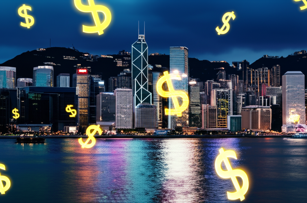 香港天際線與港幣符號浮動插圖,象徵其作為全球交易貨幣與穩定金融資產的地位