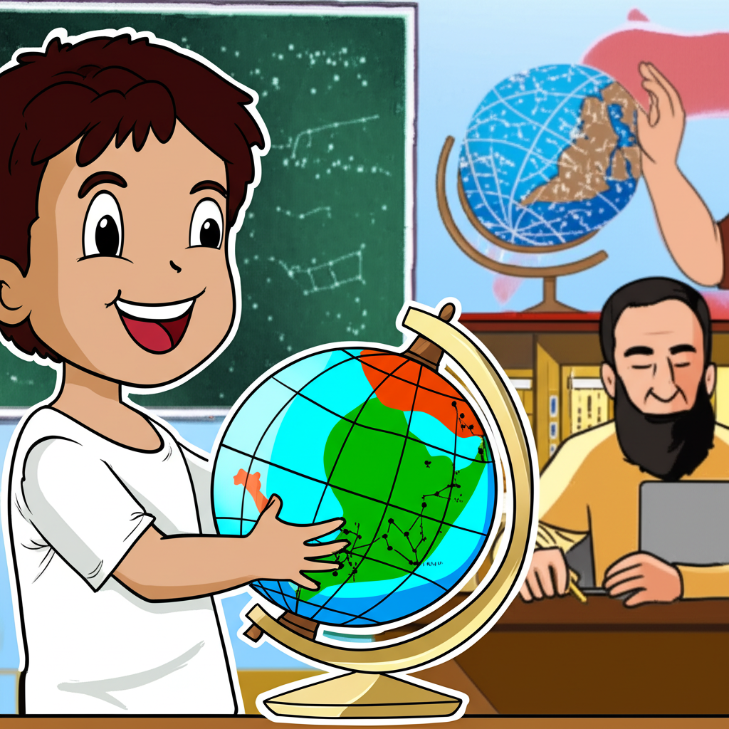 Illustration of a child spinning a terrestrial globe and an astronomer with a celestial globe