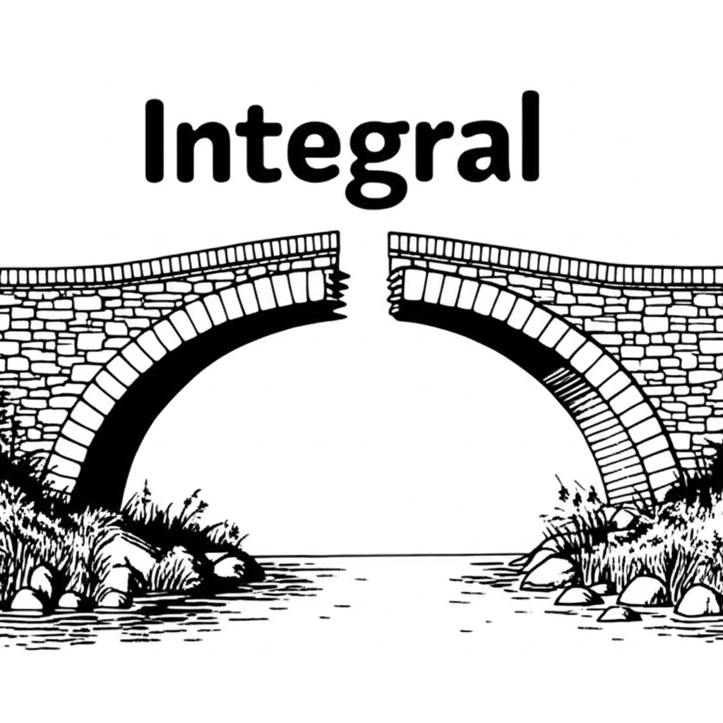 插圖:一座穩固的橋樑缺少關鍵的支撐樑,單字 integral 標示在缺失處,突顯其在結構完整性中的必要與不可替代角色