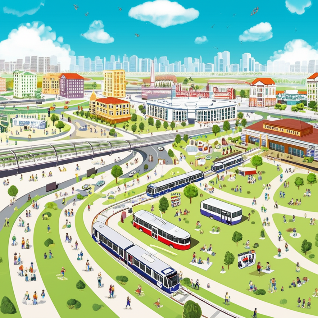微笑歐洲周邊熱鬧社區插圖,包含繁忙捷運站、各種公共交通、購物中心、學校和綠地公園,強調便利的城市生活