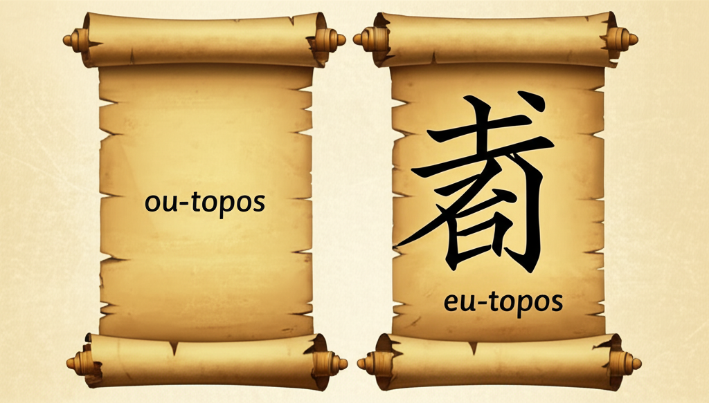 An illustration depicting two ancient Greek scrolls morphing into a modern Chinese character for utopia showing the linguistic evolution from ou-topos to eu-topos and its dual meaning of nowhere and good place