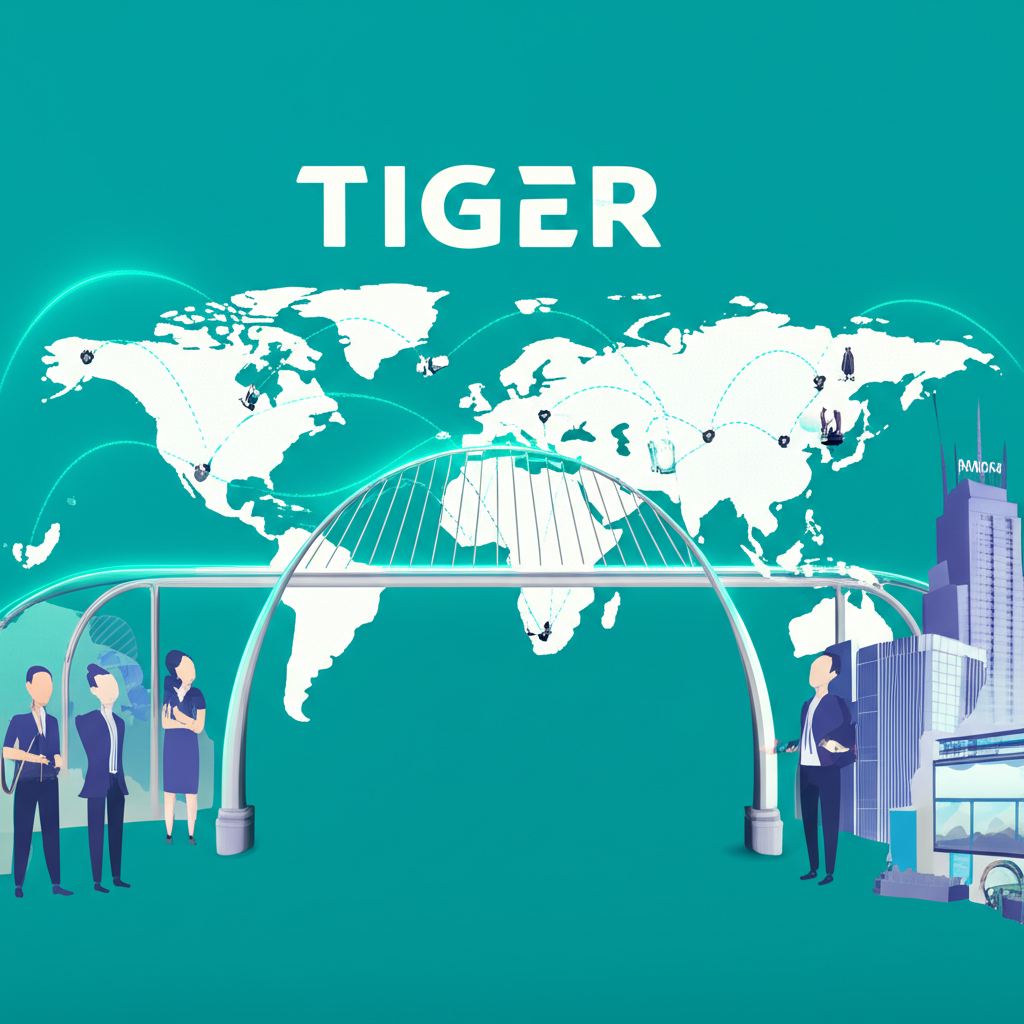 UP Fintech Holding Limited (TIGR) 從紐西蘭成立到2019年納斯達克上市的成長歷程圖,象徵透過技術創新連接全球投資者與金融市場的橋樑