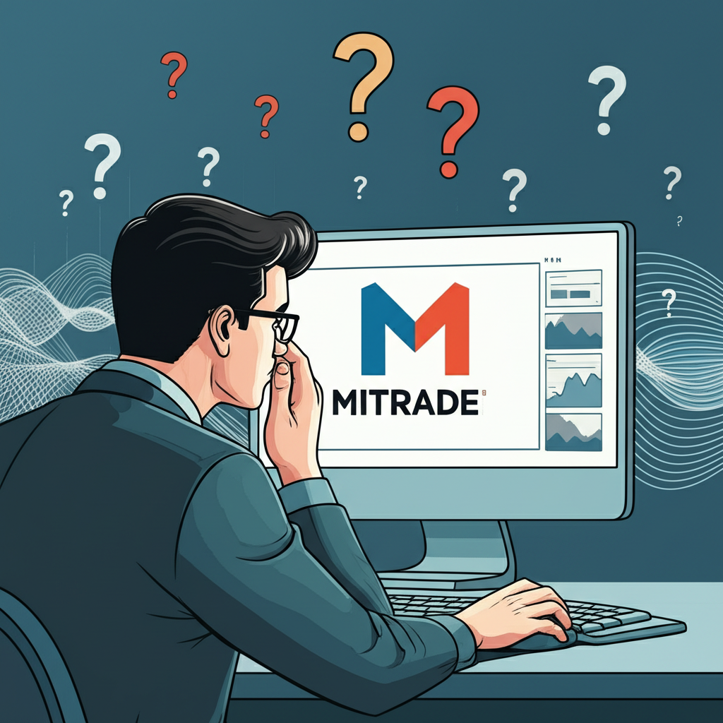 擔憂的投資者注視顯示 Mitrade 平台與安全疑慮問號的電腦畫面,背景有數位波浪和財務圖表