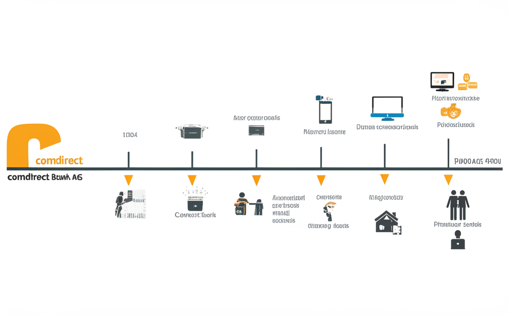 comdirect Bank AG founded in 1994 as a subsidiary of Commerzbank AG evolving into a full-service online bank providing convenient efficient and transparent digital financial products an illustration of a timeline showing the evolution of a bank from traditional to fully digital with a network of digital services