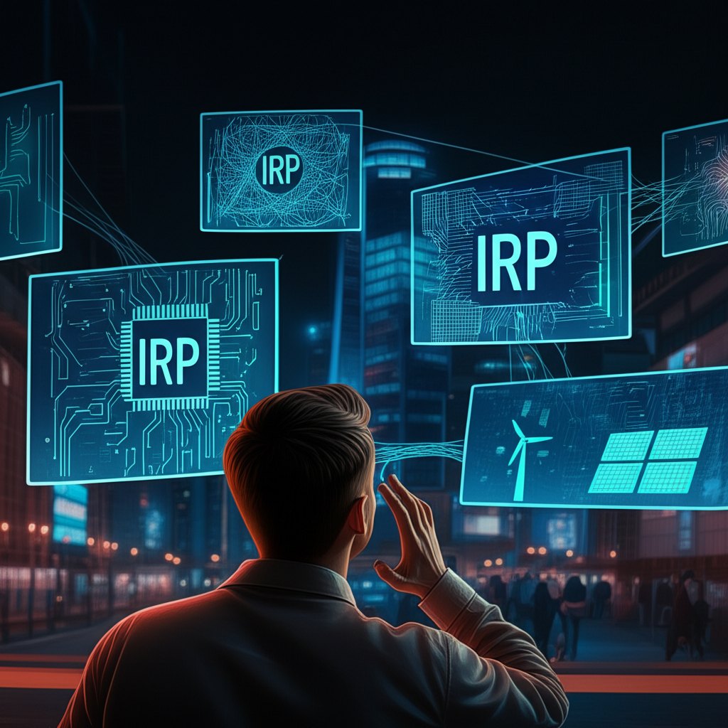 Illustration of a person looking confused at multiple digital screens displaying different meanings of IRP like immigration tech and energy surrounded by information overload in a modern city background
