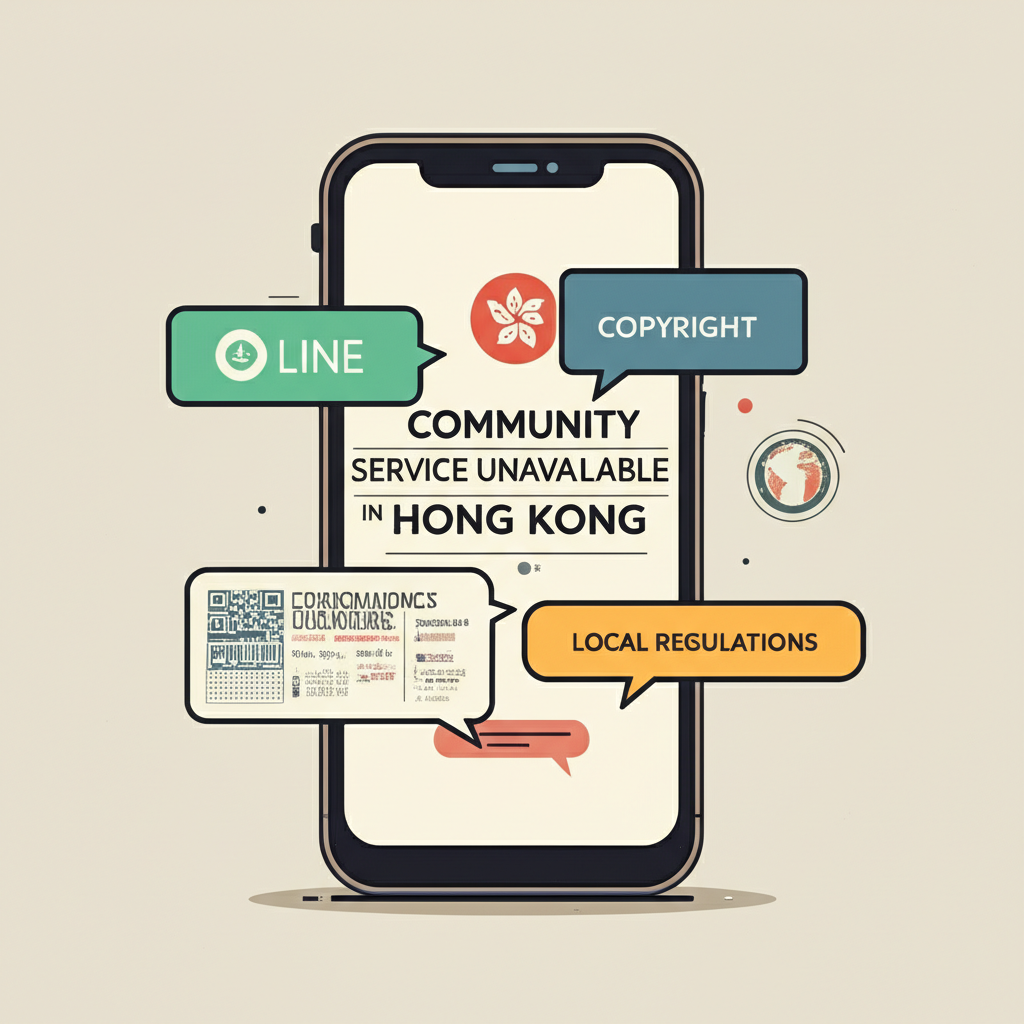 香港 LINE 社群服務不可用原因示意圖,包括版權、法規與商業策略
