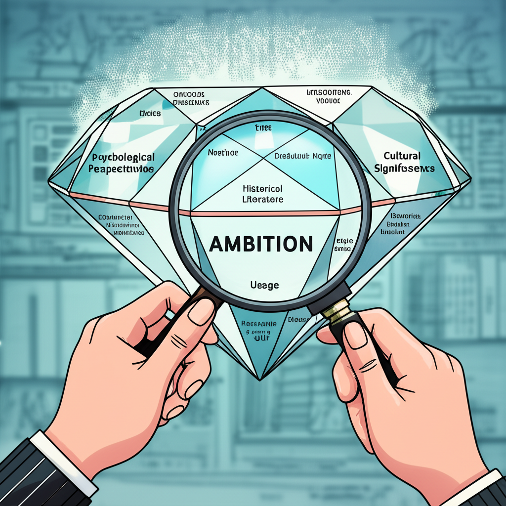 插圖:一人手持放大鏡仔細檢視一顆標註為「Ambition」的多面鑽石,每個切面代表不同的定義、用法與文化脈絡,展現其複雜性與分析深度