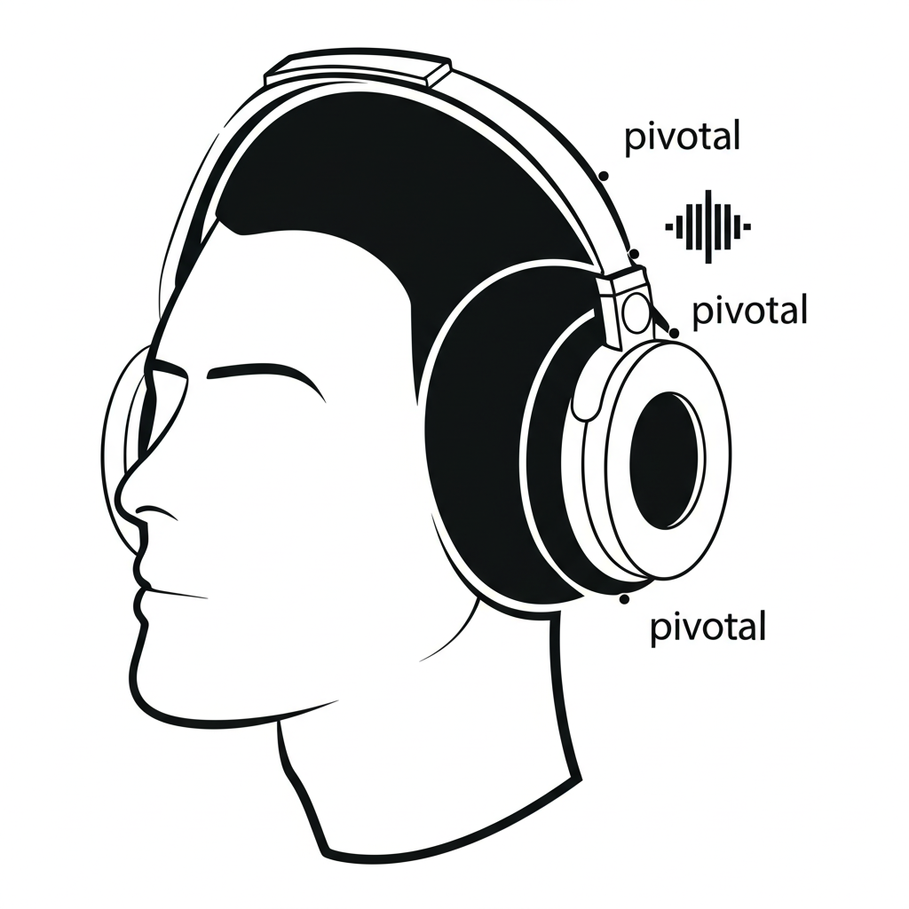 戴耳機聆聽的人與音波顯示 pivotal 發音符號的插圖,代表美式和英式發音學習指南