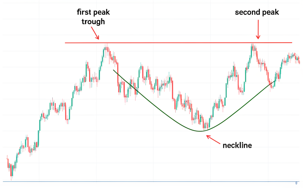 An illustration depicting the four key components of an M head pattern first peak trough second peak and neckline on a stock chart showing price movement