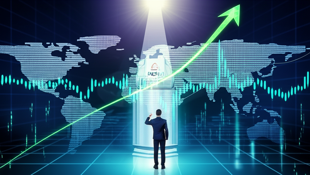 一位投資者自信導航全球金融市場的插圖,凱基全球交易中心作為安全高效的國際投資解決方案引導燈塔