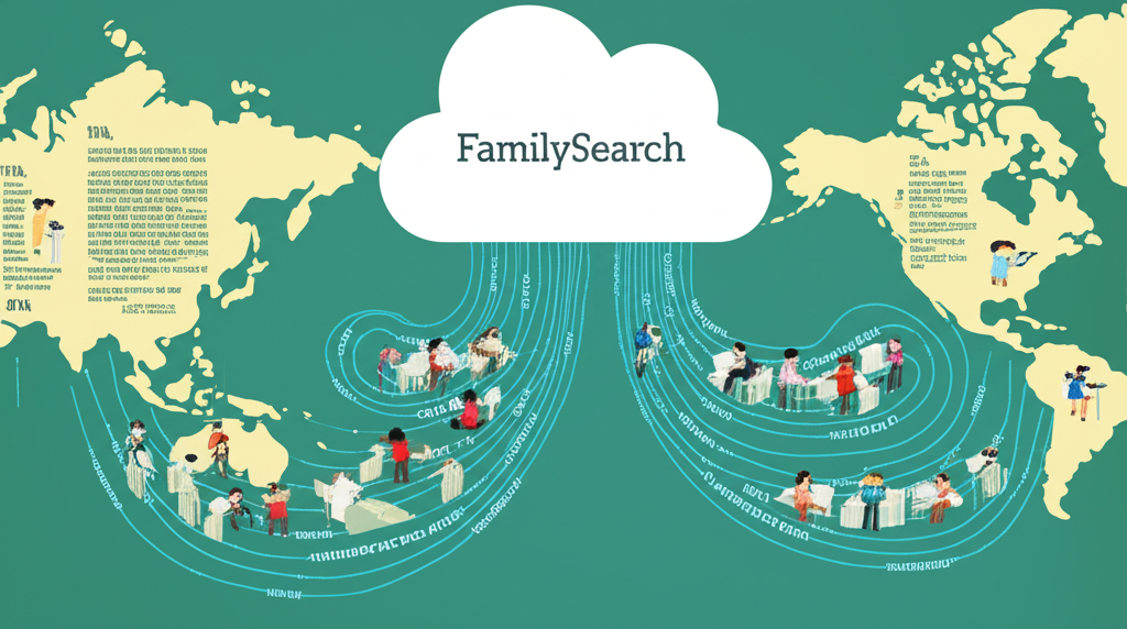象徵FamilySearch的數位雲端,資料從亞洲、歐洲、美洲等地流入,志工協力索引文獻,代表龐大免費資源