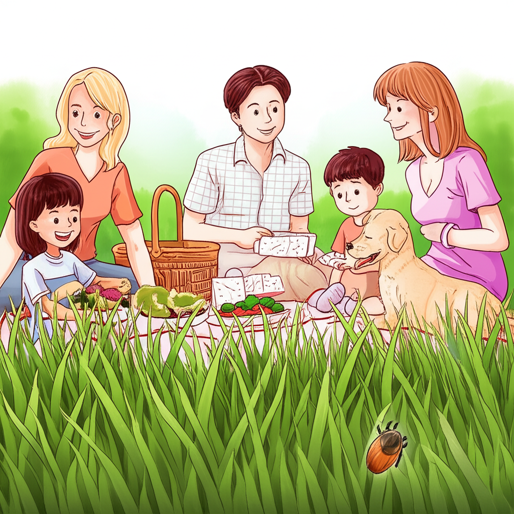 一家人與狗在公園野餐的插圖,草叢中隱約可見一隻壁蝨,象徵潛在健康威脅,提醒戶外活動需提高警覺