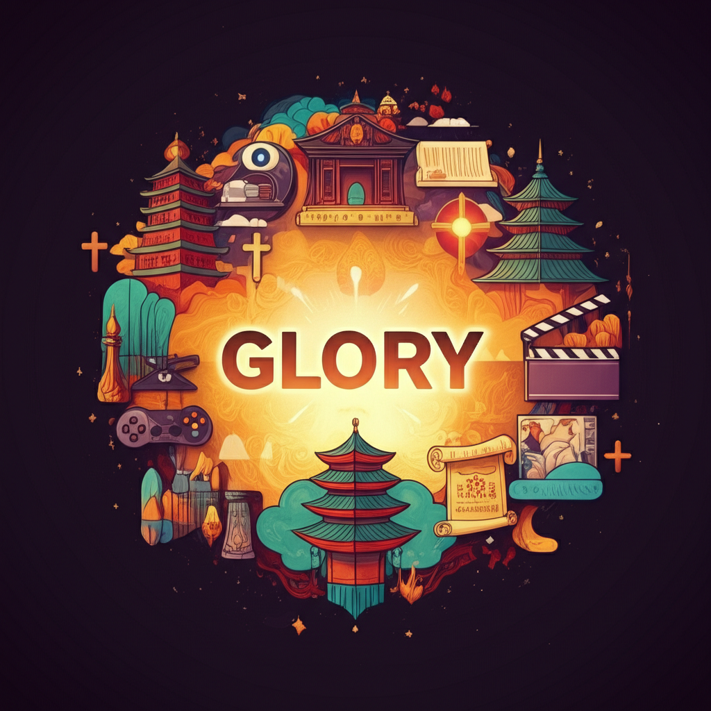 Glory 詞彙與中文意涵的生動插圖,環繞著榮耀、光榮、輝煌等漢字及宗教、歷史、遊戲、電影符號
