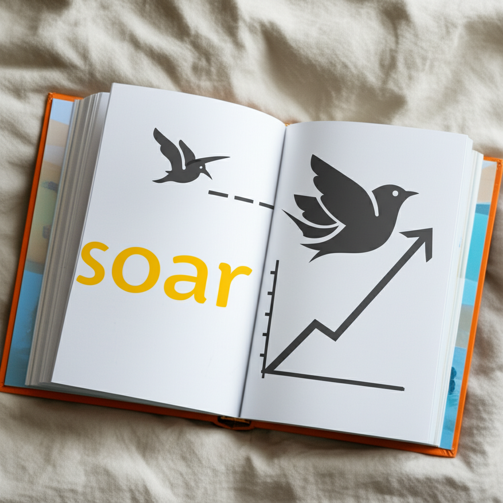 一本書中突出soar一詞,連結鳥類飛翔與上升圖表的全面指南插圖