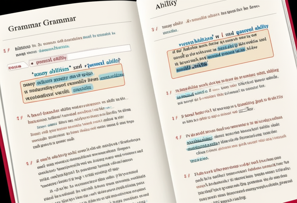 illustration of a grammar book with ability written as a noun and examples of countable and uncountable forms like many abilities and general ability showing sentence structures with to do something and prepositions in for illustration comparing two distinct but related concepts ability and capability ability depicted as current skill like speaking languages capability as future potential like a system processing data with able as an adjective and verb phrase for connection