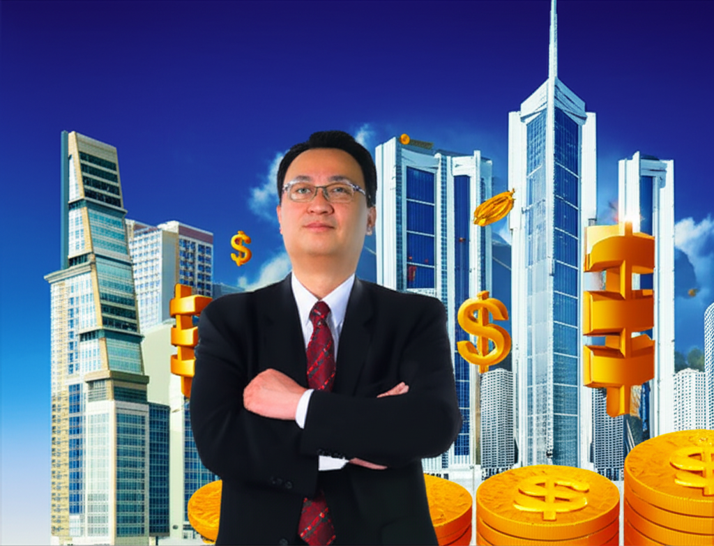 姚君達先生插圖,從小型建築轉變為大型綜合體,背景有地產塔樓與金融黃金符號