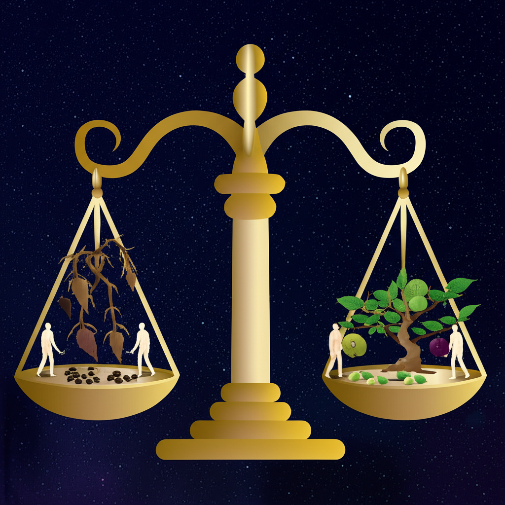 宇宙天平圖像,善惡行為種子成長為果實,象徵因果報應法則與詐騙累積惡業