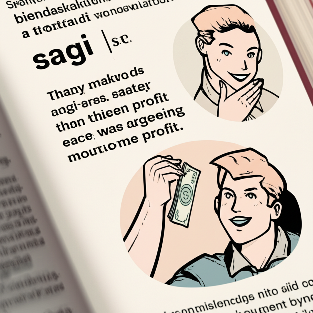 詞典頁面突出'sagi'一詞,旁邊是欺騙性微笑偷錢的圖像,代表詐欺的核心元素