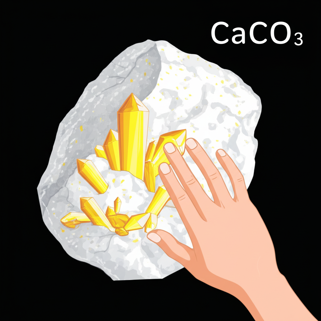 石灰岩外觀圖示:顯示方解石晶體結構與CaCO₃化學式,呈現灰、白、黃等多樣色彩,並有手部輕刮岩石表面展示其較低硬度的特性