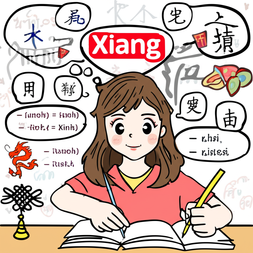 插圖:學生熱情學習漢字與拼音 xiang,周圍環繞著包含漢字、語法與文化符號的思考泡泡,展現生動的學習情境