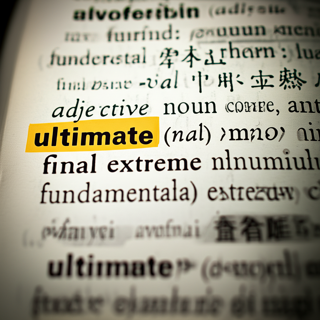 字典頁面顯示 ultimate 的形容詞與名詞形態,旁邊標註中文翻譯:最終、極致、根本