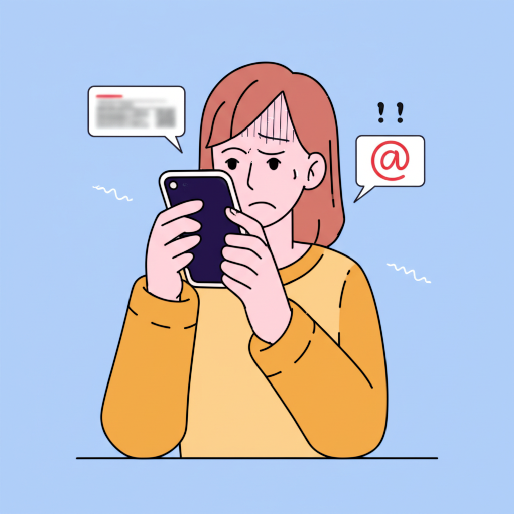 受害者手持手機顯示模糊詐騙訊息,表現財務損失、資料洩露和情緒困擾的插圖