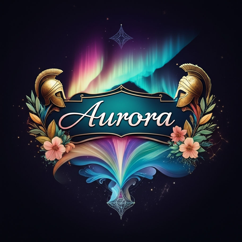Aurora 多重含義的象徵插圖，融合羅馬女神、北極光與女性名字元素
