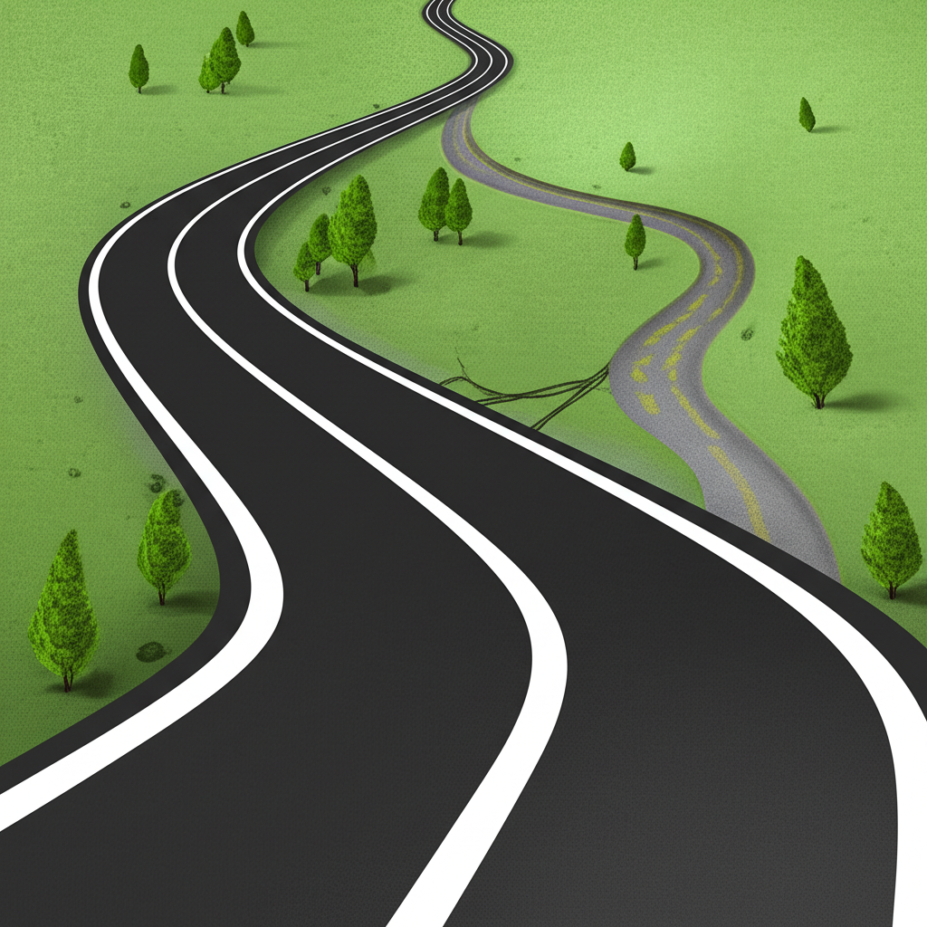 歷史路徑依賴的彎曲道路示意圖，象徵初始事件如何鎖定未來選擇