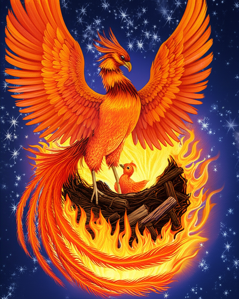Fiery phoenix in a nest bursting into flames with a new young phoenix emerging from ashes under starry sky