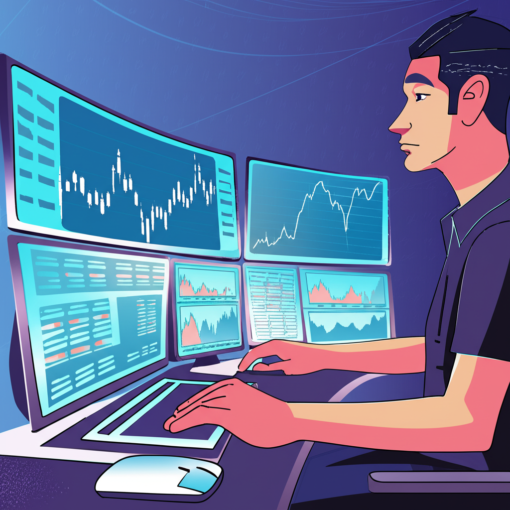 Forex trader scalping on multiple screens, fast execution, dynamic market charts, illustration.